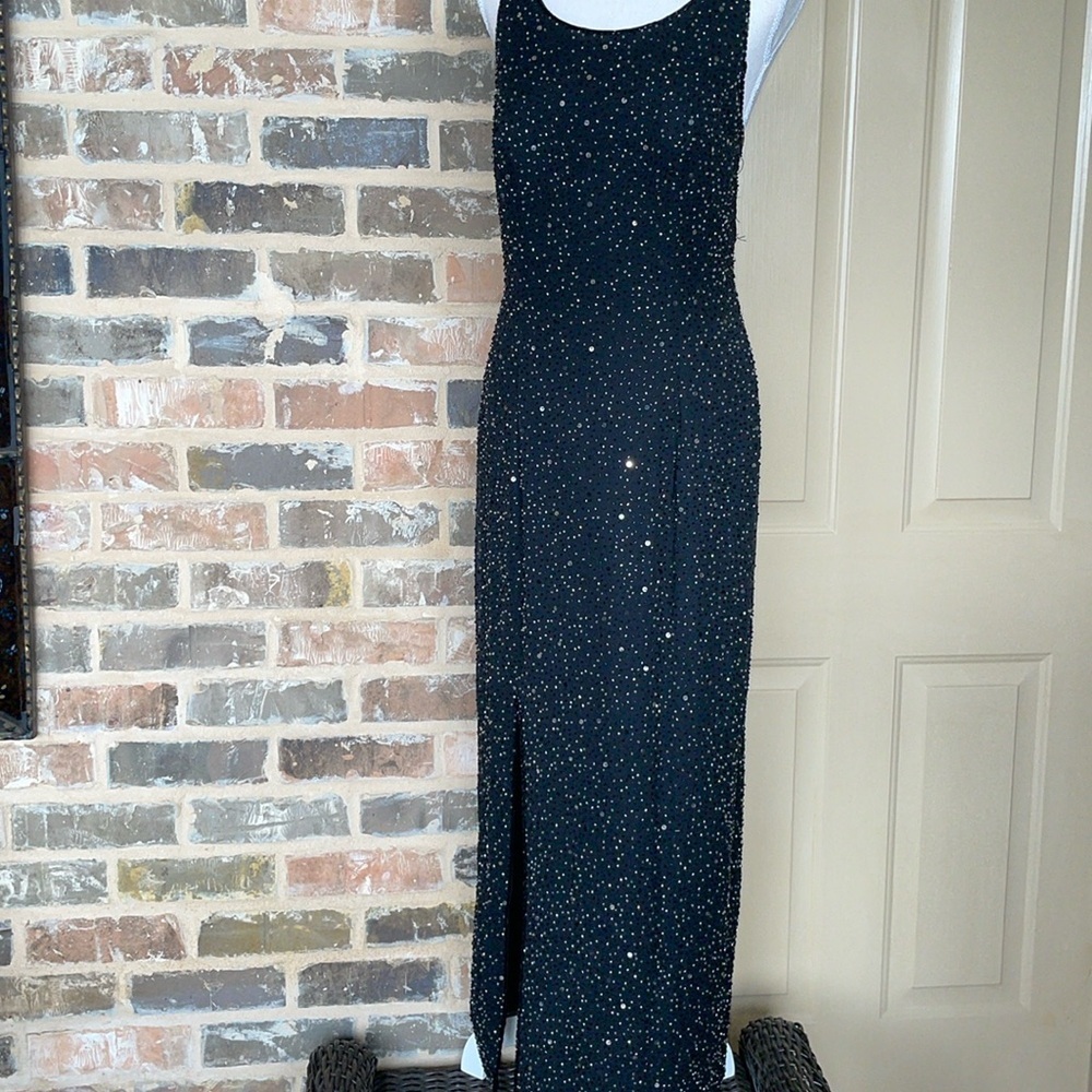 Forever Yours 100% Silk Black and Silver Beaded Column Dress